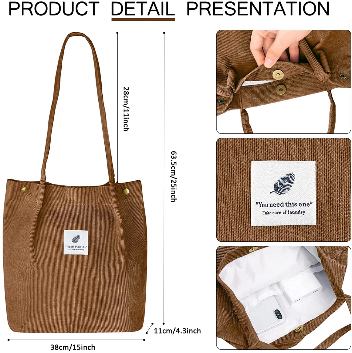 Corduroy Tote Bag Large for Women Girl Lady Canvas Shoulder Cord Purse and Handbags with Inner Pocket